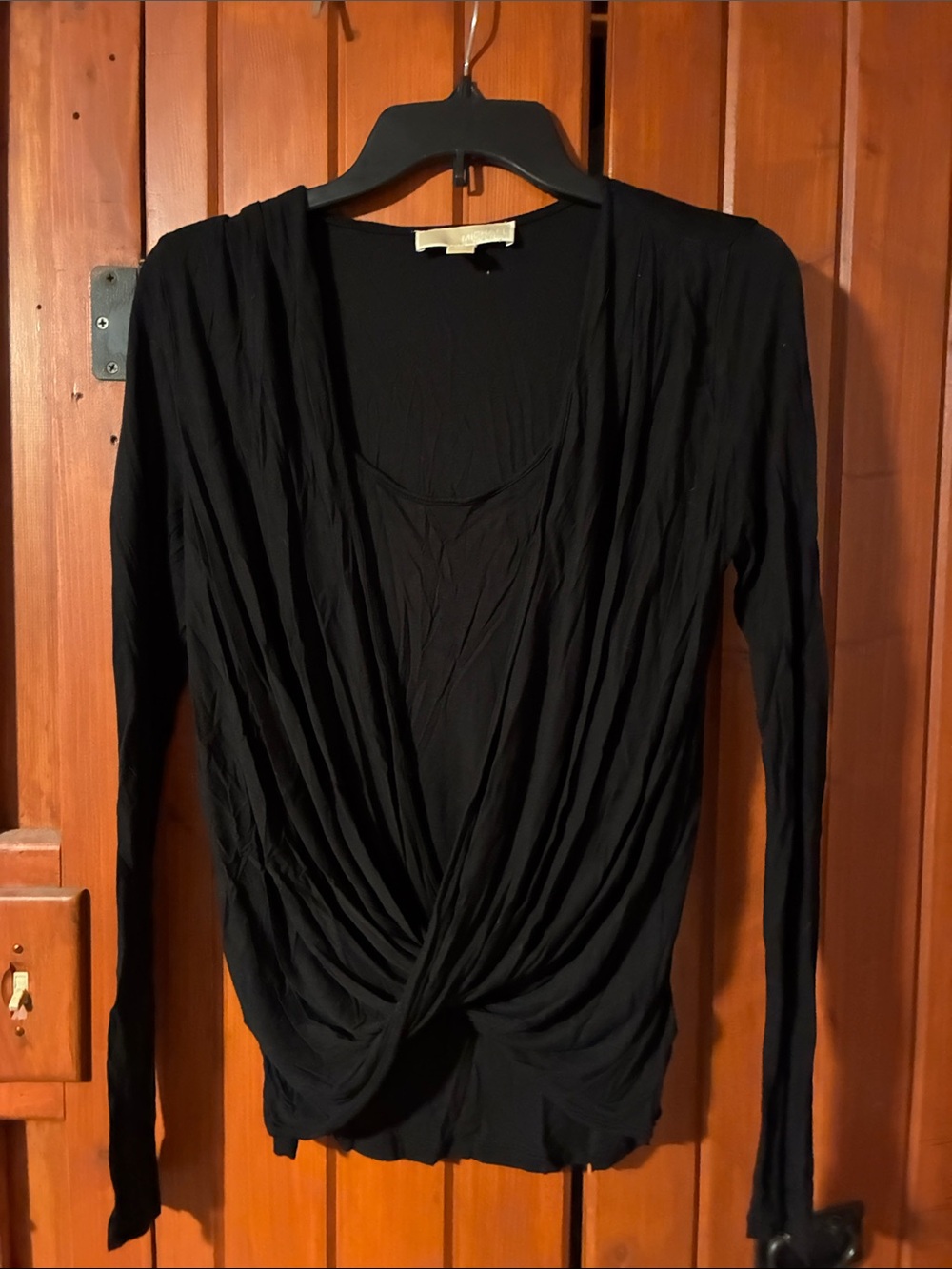 Michael Kors Black Long-Sleeve Twist-Front Draped Top. B1
